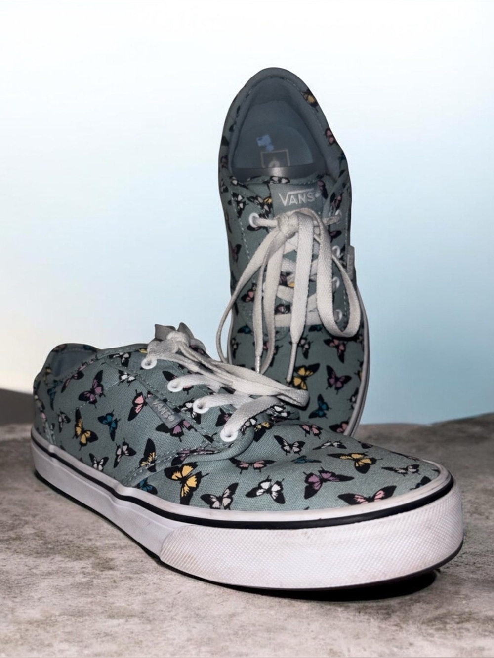 Vans Light Teal Low Top Sneakers with Multicolor Butterfly Print